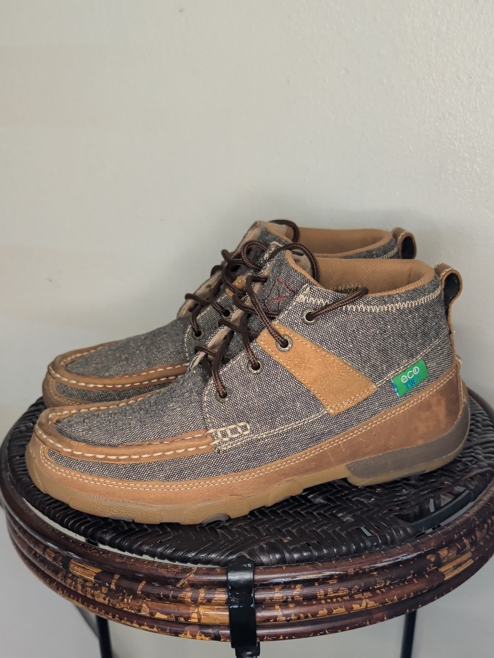 Twisted X Chukka Driving Moc Womens Sz 9.5 M Brown Leather Gray Canvas ecoTWX